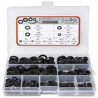 Black Nylon Washers Assortment Kit - M2 to M12, 9 Sizes, 720 Pieces