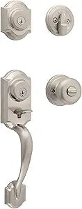 Kwikset Montara Front Door Lock Handle and Deadbolt Set, Entry Handleset Exterior with Interior Doorknob, Satin Nickel, Pick Resistant SmartKey Rekey Deadbolt Security, with Microban Protection