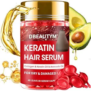Keratin Hair Treatment,Hair Serum for Frizzy & Dry Damaged Hair,Hair Oil Capsules with Keratin,Avocado Oil,Vitamins A, C, E & B5,Heat Protectant Anti Frizz Leave in Conditioner for All Hair Type