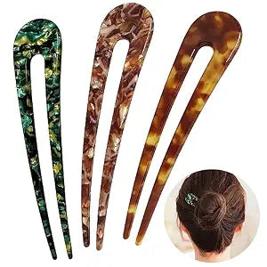 HYFEEL French Hair Pins U Shape Updo Hair Forks 2 Prong Bun Twist Chignon Stick Clips for Women Hair Accessories, 3 Pcs (Green,Tortoise,Brown Floral)