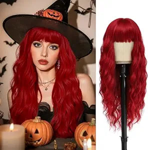 VERNA Red Wig with Bangs, 26 Inch Long Red Wigs for Women, Natural Looking Wavy wig, Heat Resistant Synthetic Wig for Halloween Cosplay Constume(Red)