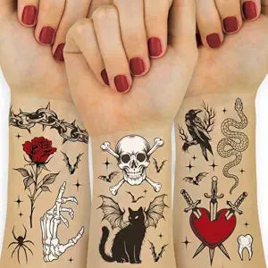 xo, Fetti 48pc Realistic Spooky Temporary Tattoos - 4 Tattoo Sheets | Halloween Party Favors, Goth Decor, Skulls, Spiders, Snakes, Daggers, Black