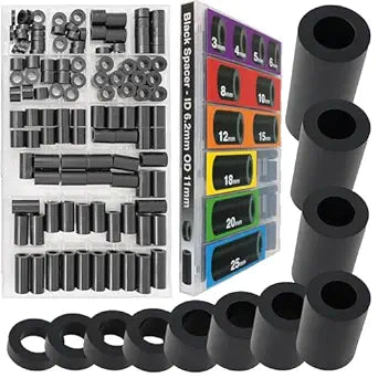 EEEEE 125pcs Black Nylon Round spacers for Screws Hardware spacers Standoff Assortment Kit, Non-Threaded, M6 Screws, ID 6.2mm,OD 11mm, 3 4 5 6 8 10 12 15 18 20 25mm (Black)