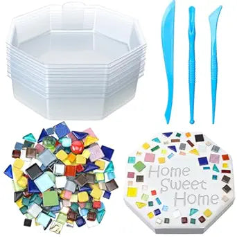 LOYIM 24 Pcs Stepping Stone Kit Includes Concrete Mold, Mosaic Tiles and Carving Tools, DIY Craft Handmade Stepping Stone Kit for Kids, Family, Garden Outdoor Decor, No Concrete Mix (Octagon,10 Inch)