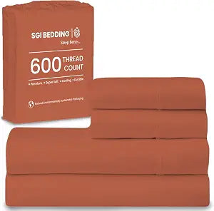SGI bedding 100% Egyptian Cotton Sheets Queen Size  600 Thread Count Sheets Set, Soft, Cooling, 15" Deep Pocket, Luxury Hotel Bedding, Breathable, Durable - Terracotta