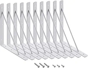 HOME MASTER HARDWARE 10 x 8 inch Metal Shelf Brackets, 90 Triangle L-Bracket, Wall Mount Supports for Floating Shelves w/ Screws, White 10-Pack