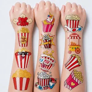 96 PCS Cute Popcorn Pre-cut Temporary Tattoos for Kids - Movie Themed