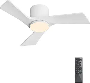 WINGBO 36 Inch Ceiling Fan with Light and Remote, Low Profile Flush Mount Modern Ceiling Fan, 3CCT Dimmable Light, Quiet Reversible DC Motor, 6 Speed, White Wood Blades, for Bedroom, Kitchen