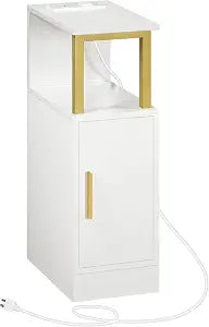YATINEY Narrow Nightstand, Skinny Side Table with Charging Station, Bedside Table with Cabinet, Night Stand for Small Spaces, Bed Side Cabinet for Bedroom, Living Room, White and Gold ET27UDW
