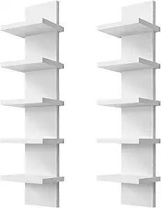 2 Pack 5 Tier Wall Shelf Unit - Narrow Smooth Laminate Finish - Vertical Column Wall Decor Mount Floating Storage Home Decor Organizer Tall Tower Utility Shelf for Bedrooms, Living Rooms(White)