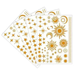 Large Gold Sun Moon Star Temporary Tattoo Sticker 4-Sheet