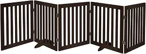 unipaws 24H Free Standing Pet Gate for Dogs and Cats, Wooden Dog Gates for Doorway, Stairs, Dog Room Divider, Step Over Foldable Pet Fence for The House, Expandable Barrier, Indoor Use, Espresso