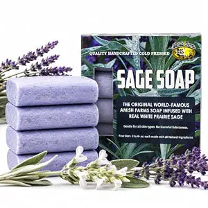 Amish Farms Sage Soap Bar, Original Recipe with Bentonite Clay, Lavender Scent ��� Handmade in USA, Face & Body Soap Scrub, No Parabens, No SLS, Gentle for Sensitive Skin (4 Bars)