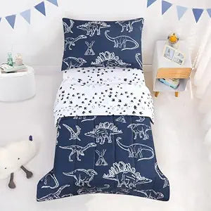 4 Pieces Dinosaur Toddler Bedding Set for Boys, Soft Breathable Toddler Comforter Set, Dino Print Navy, Includes Reversible Comforter, White Fitted Sheet and Flat Sheet, Pillowcase