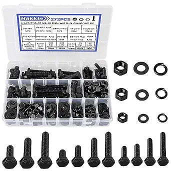 272PCS Hex Bolts and Nuts Kit, 1/4, 5/16, 3/8 Hex Bolts Screws Nuts Flat Lock Washers Assortment Kit, Carbon Steel Machine Screws Set Grade 8.8 (Black)