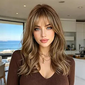 XIXIBI Brown Mix Blonde Highlight Wig with Bangs for Women Layered Wavy