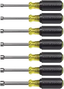 Klein Tools 65160 Tool Set, Made in USA, Metric Nut Driver Set Sizes 5, 5.5, 6, 7, 8, 9, and 10 mm, 3-Inch Chrome-Plate Hollow Shafts, 7-Piece