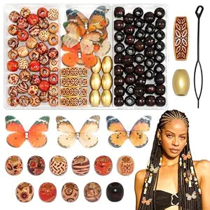 100PCS Hair Beads for Braids Brown Wooden Beads for Hair Loc Dreadlock Beads Butterfly Hair Clips Boho Hair Accessories for Women Girls