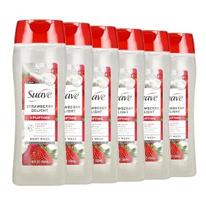 suave+ Strawberry Delight Uplifting Body Wash, Formulated with Glycerin and Vitamin E for Hydrating and Gently Cleansing Skin, 18 FL OZ, 6 Pack