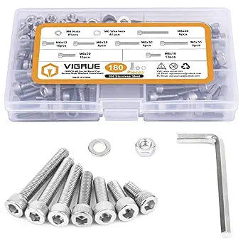 VIGRUE 180Pcs M6 Stainless Bolt Kit Socket Head Cap Screws Nuts Washers