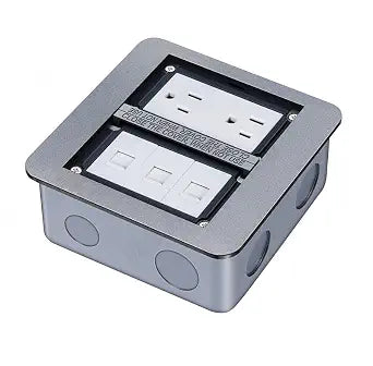 Creemrib Recessed Floor Outlet Kit with Cover Plate, 15A Duplex Receptacle & 3 RJ45 Data Ports, 2 Gang Floor Electrical Outlet Box for Concrete & Wood Floors (Industrial/Commercial/Home/Office)