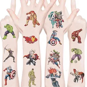 100Sheets 5 * 5 Avengers Temporary Tattoos Birthday Themed Party Supplies Decoration Favors Cartoon Avengers Sticker for Kids Boys Home Activity Class Prizes Carnival Christmas Rewards
