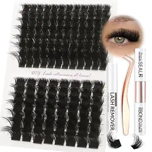Fluffy Lash Cluster Kit 180D + 280D Mega Volume, 10ï¿½ï¿½ï¿½20mm Mixed Lengths, Thick Eyelash Extension Kit for Dramatic Glam Look, Soft Matte Black Lashes with Bond & Seal, Tweezers & R