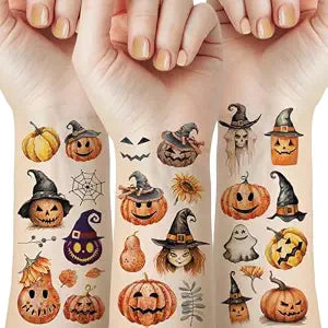 54 PCS Halloween Pumpkin Temporary Tattoos, Witch Hat Body Art
