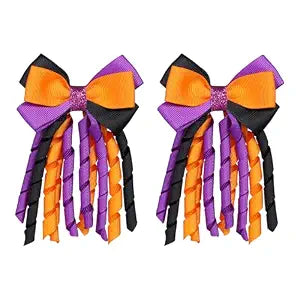 Halloween Hair Bow Clips 3 Inch Curly Ribbon Hair Clips Handmade Girls Trick or Treat Hair Accessories for Halloween Party Decor, Black & Orange & Purple