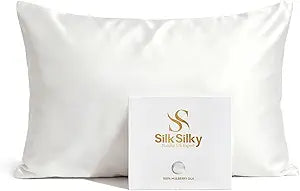 SilkSilky Luxury 30 Momme 100% Pure Organic Mulberry Silk Pillowcase for Hair & Skin, Grade 6A+ Silk Pillow Cases with Hidden Zipper, Cooling Silk for Deep Sleep (Standard 20''x26'', White)