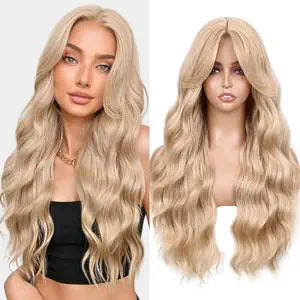 WIGNEE Blonde Wavy Wig with Curtain Bangs, 26 Inch Long Glueless Wig
