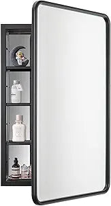 Black Bathroom Medicine Cabinet with Mirror 17 x 27 Metal Frame Recessed Or Wall Mounted Single Door Storage Medicine Cabinets with Adjustable Shelves Rounded Corner Beveled Mirrors