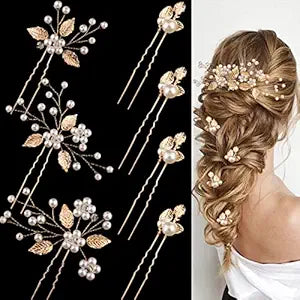 7 Pieces Wedding Hair Pins Gold Leaf Bride Headpiece Pearl Wedding Hair Styling Pins Hair Accessories Flower Hair Accessories for Brides Bridesmaids Girls