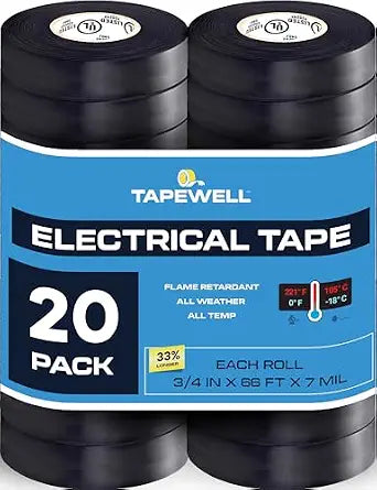 TAPEWELL Black Electric Tape, Professional Grade 3/4 inch x 66ft, PVC Electrical Insulating Tape for All Weather, U/L Approved, Waterproof, Home Improvement Electrical Equipment, Pack of 20