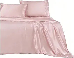 4-Piece Satin Sheet Set Full Size, Bedding Sets with Deep Pocket Fitted Sheet, Ultra Soft & Silky, Rose Pink