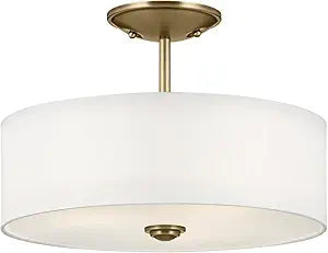 KICHLER Shailene 10" 3-Light Small Round Semi Flush with White Fabric Shade and Clear Satin Etched Diffuser in Natural Brass for Secondary Entrances, Hallways, Butler's Pantry, 43675NBR