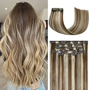 Honsoo Real Human Hair Extensions Clip Ins Light Brown to Blonde Highlights Balayage Hair 70g 15inch 7pcs Natural Soft Straight Blonde Brown Hair