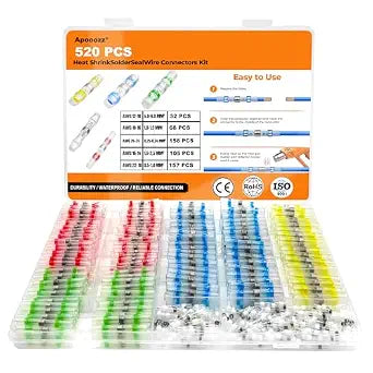 520PCS Solder Seal Wire Connectors - Waterproof Heat Shrink Butt Connectors - Insulated Electrical Marine Grade Wire Terminals - Automotive, Boat, Truck, Stereo Splice Kit (26-10 AWG, 5 Sizes/Colors)