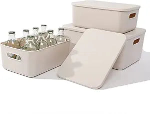 Yishyfier Plastic Storage Baskets With Lid Organizing Container Lidded Knit Storage Organizer Bins for Shelves Drawers Desktop Closet Playroom Classroom Office (M+2S, Light grey)