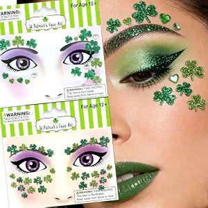 Glitter St. Patrick's Day Face Stickers - Green Shamrock with Gems Sticker for Face & Body | Clover Face Jewelry for Party, Festival, Makeup Decoration | Irish Pride Accessories