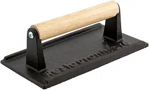Restaurantware-7.9 x 3.9 x 2.8 Inch Bacon Press, 1 Heavy-Weight Burger Press - With Wooden Handle, Enamel Coating, Black Cast Iron Grill Weight, Textured Bottom, For Steak, Panini, And Grilled Cheese
