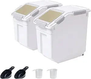 Airtight Flour Storage Container 25 lb Rice Storage Container with Wheels Seal Locking Lid, Food Containers with Measuring Cup& Scoop for Flour, Rice, Grain, Cyan 2Pack
