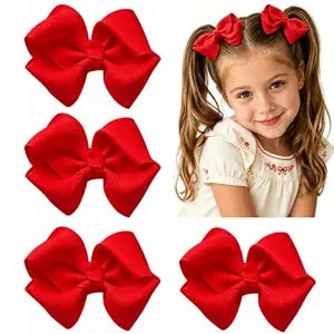 Hair Bows for Girls, 4 Pack 3.5 Inch Grosgrain Ribbon Red Hair Bow Clips