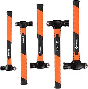 Groz Ball Pein Hammer Set, 5-Piece Fiberglass Handle Hammers  8, 12, 16, 24, 32 oz, BS 876 Forged Heads 50-58 HRC, Overstrike Protection, TPR Grip for Metalwork (34938)