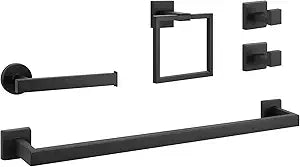 NearMoon 5 Pieces Bathroom Hardware Set 304 Stainless Steel, Square Towel Rack Kit - 24" Towel Rod + Towel Ring + Toilet Paper Holder + 2 Robe Hooks, Wall Mounted Bath Accessories (Matte Black)