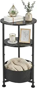 Small Round Side Table with Storage Basket, 3-Tier Narrow End Table Nightstand for Living Room Bedroom, 11.8" Diameter Modern Bedside Table for Small Spaces, Wood Grain & Metal Frame (Black)