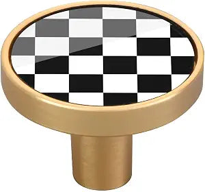 Checkered Black White 4pcs 32mm Dresser Drawers Golden Metal Knobs