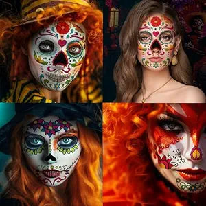 Kotbs Day of the Dead Skeleton Face Tattoos, 9-Pack Sugar Skull Kit