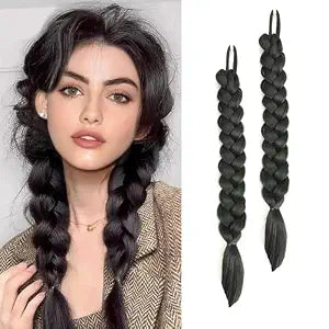 2 Packs Long Braid Ponytail Extension for Black Women with Hair Tie Straight Wrap Around Braid Hair Extensions Can be Restyle Soft Synthetic Hair Piece (1b, 16 Inch (pack of 2))