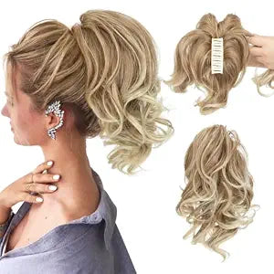 CJL HAIR Claw Clip Short Ponytail Hair Extensions DIY Bendable Metals Messy Bun Hair Piece for Wonen Wavy Curly Synthetic Fake Hairpieces Gloden Blonde and Beach Blonde Tips